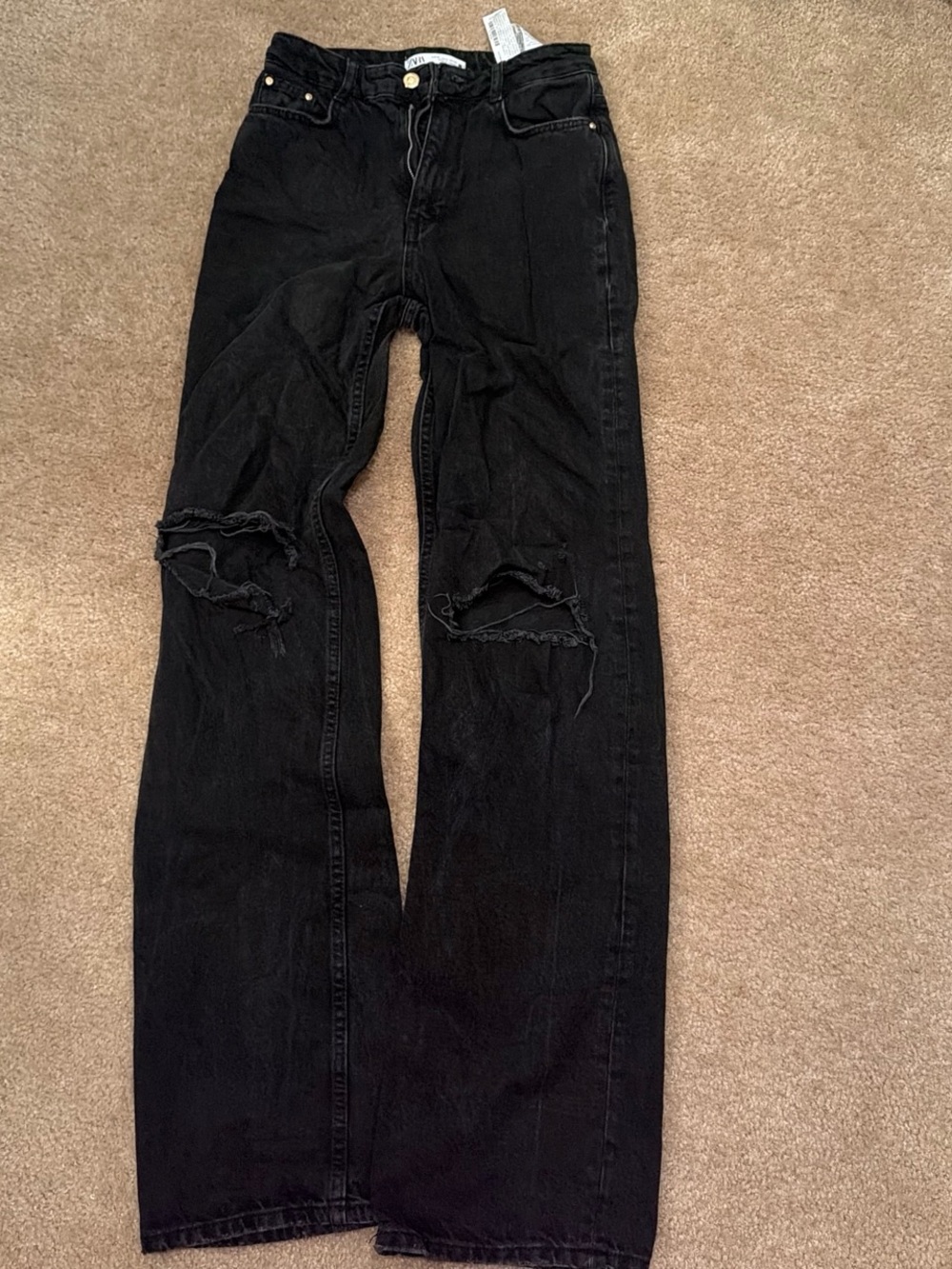 Zara Black Distressed Straight-Leg Jeans